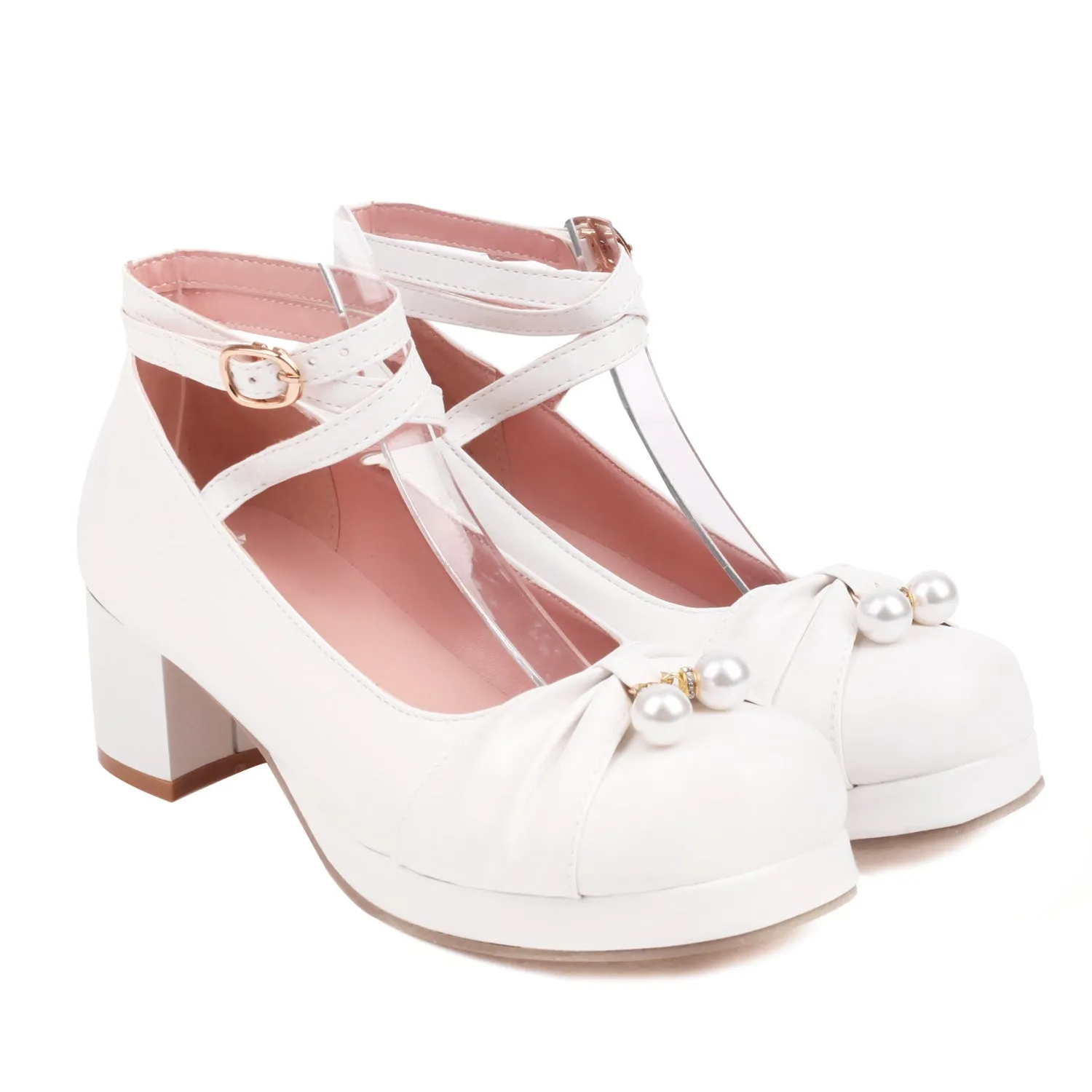 Cute Pearl Cross Strap Lolita Japanese Mary Jane Shoes