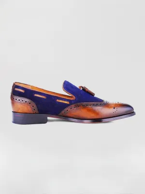 Declan Wingtip Tassel Loafer - Tan/Blue with Patina