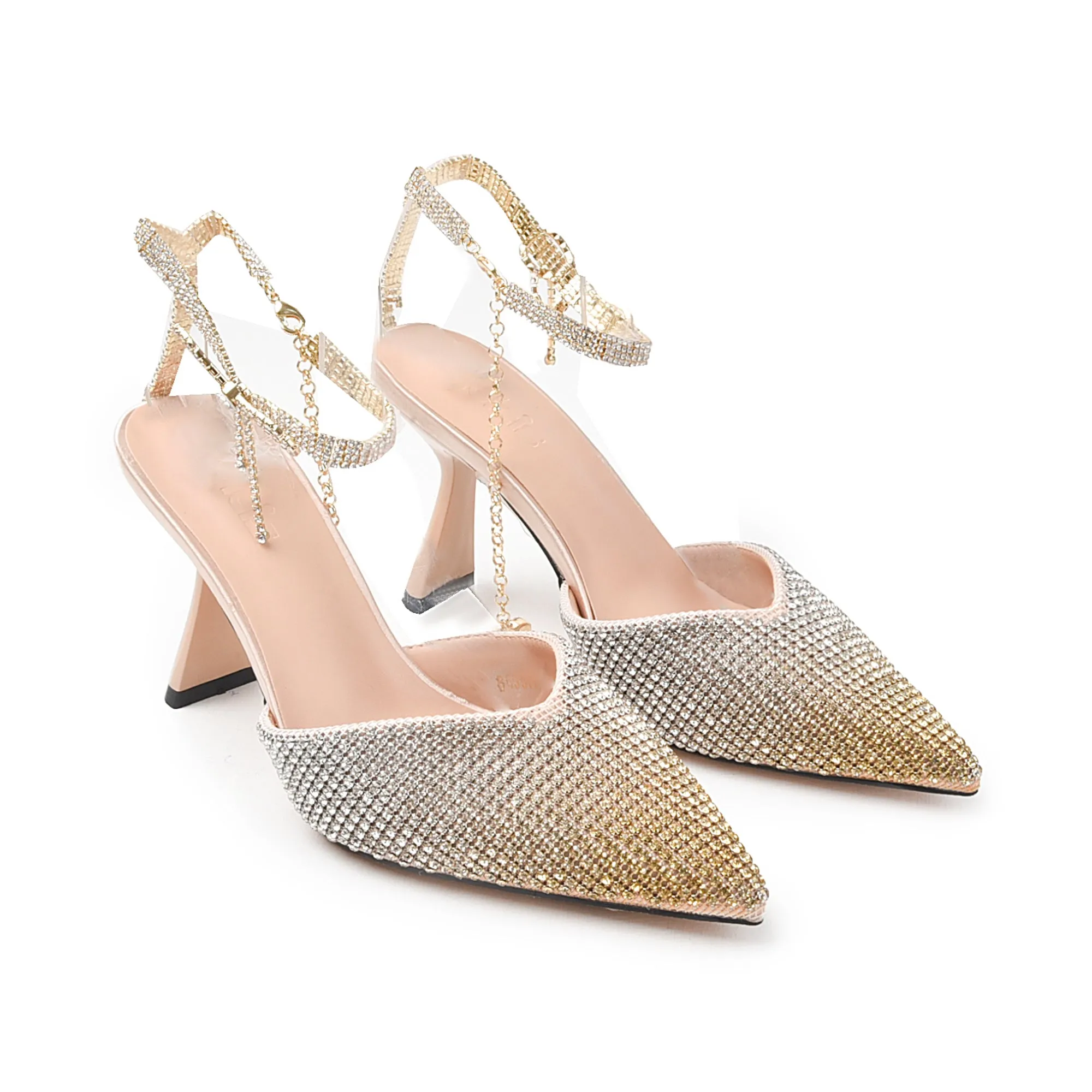 Elegant Beige Rhinestone Slingback Heels | 455N-X