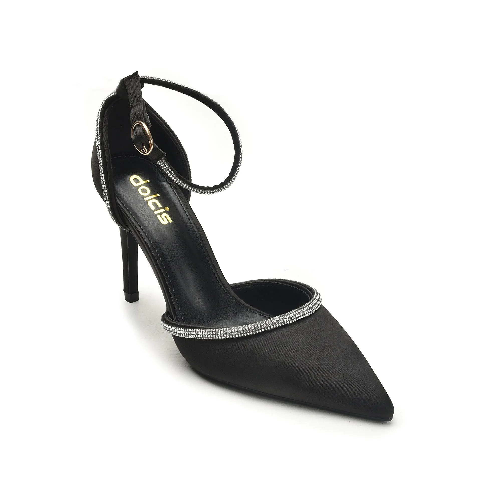 Elegant Black Ankle Strap Heels with Rhinestone Trim | 440N-C