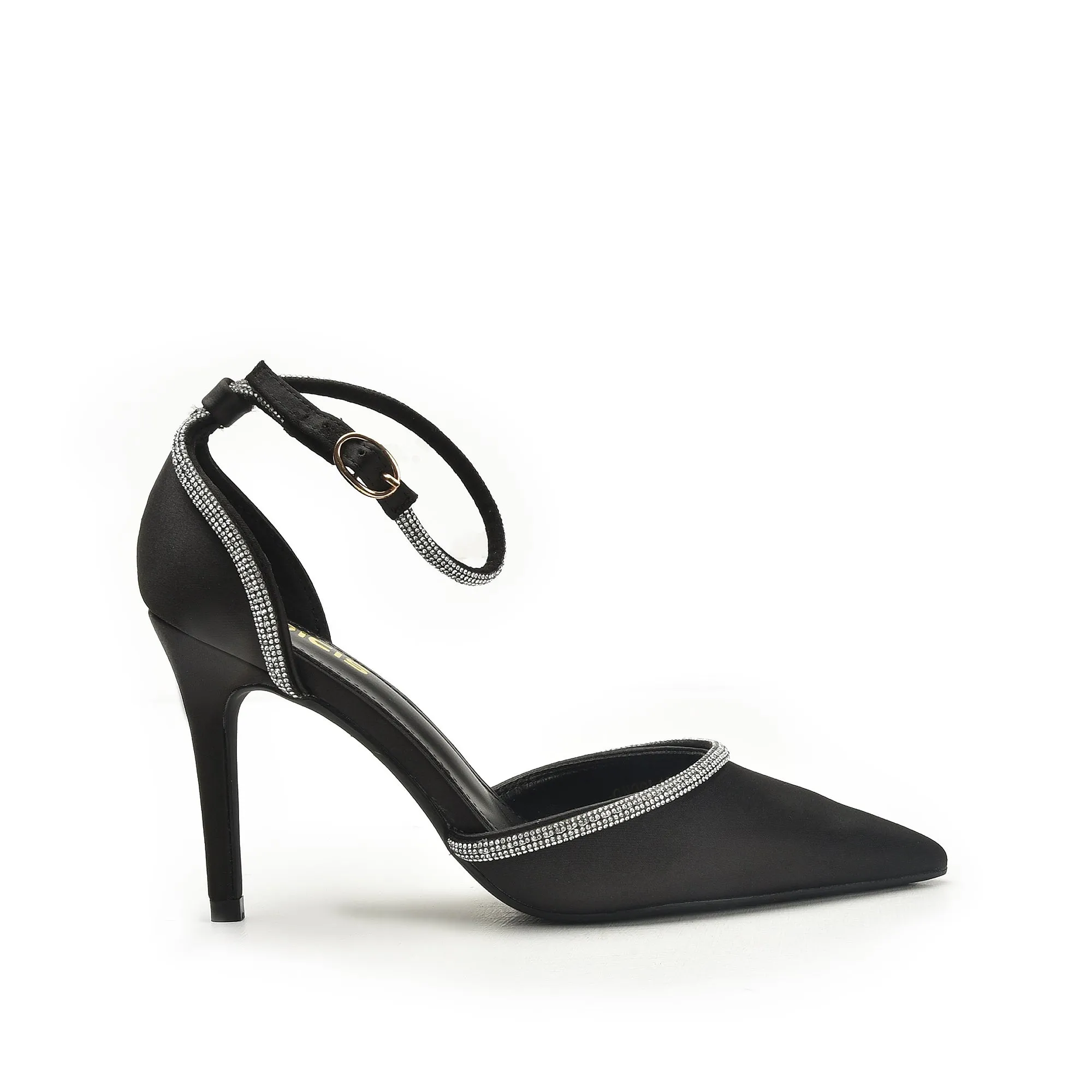 Elegant Black Ankle Strap Heels with Rhinestone Trim | 440N-C