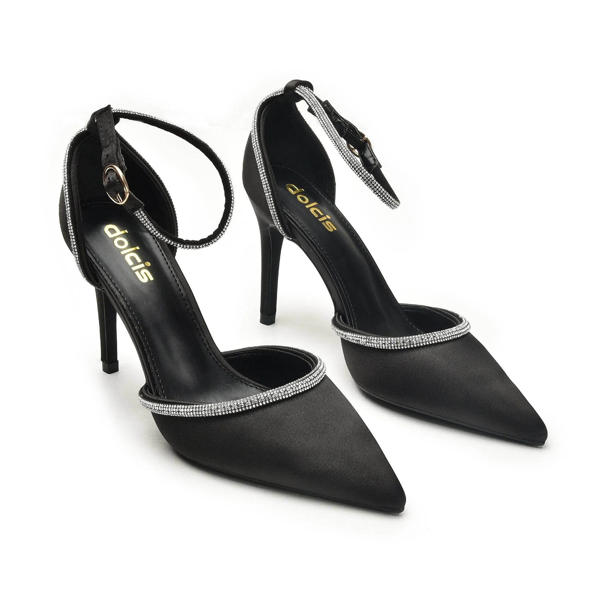 Elegant Black Ankle Strap Heels with Rhinestone Trim | 440N-C