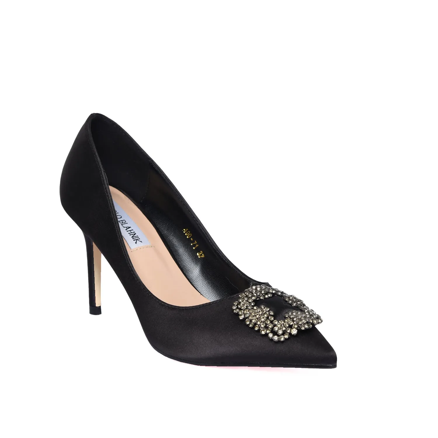 Elegant Black Satin Pumps with Crystal Embellishment | 472L-C