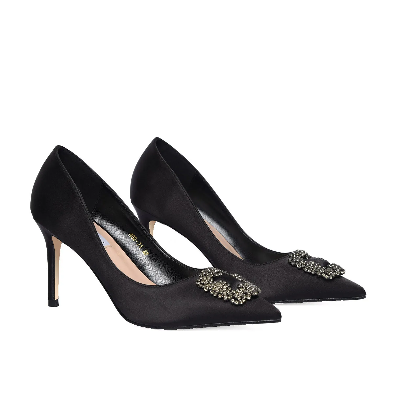 Elegant Black Satin Pumps with Crystal Embellishment | 472L-C