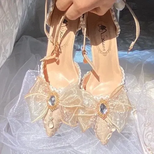 Elegant Retro Lolita Court Style Cosplay Flower Wedding Girl Gorgeous Satin Bow Pearl Gem Ribbon Flower 8.5cm High Heels Shoes