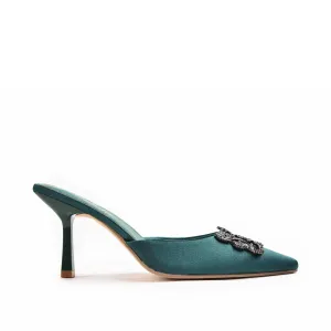 Elegant Teal Satin Mules with Crystal Embellishment | 466M-K