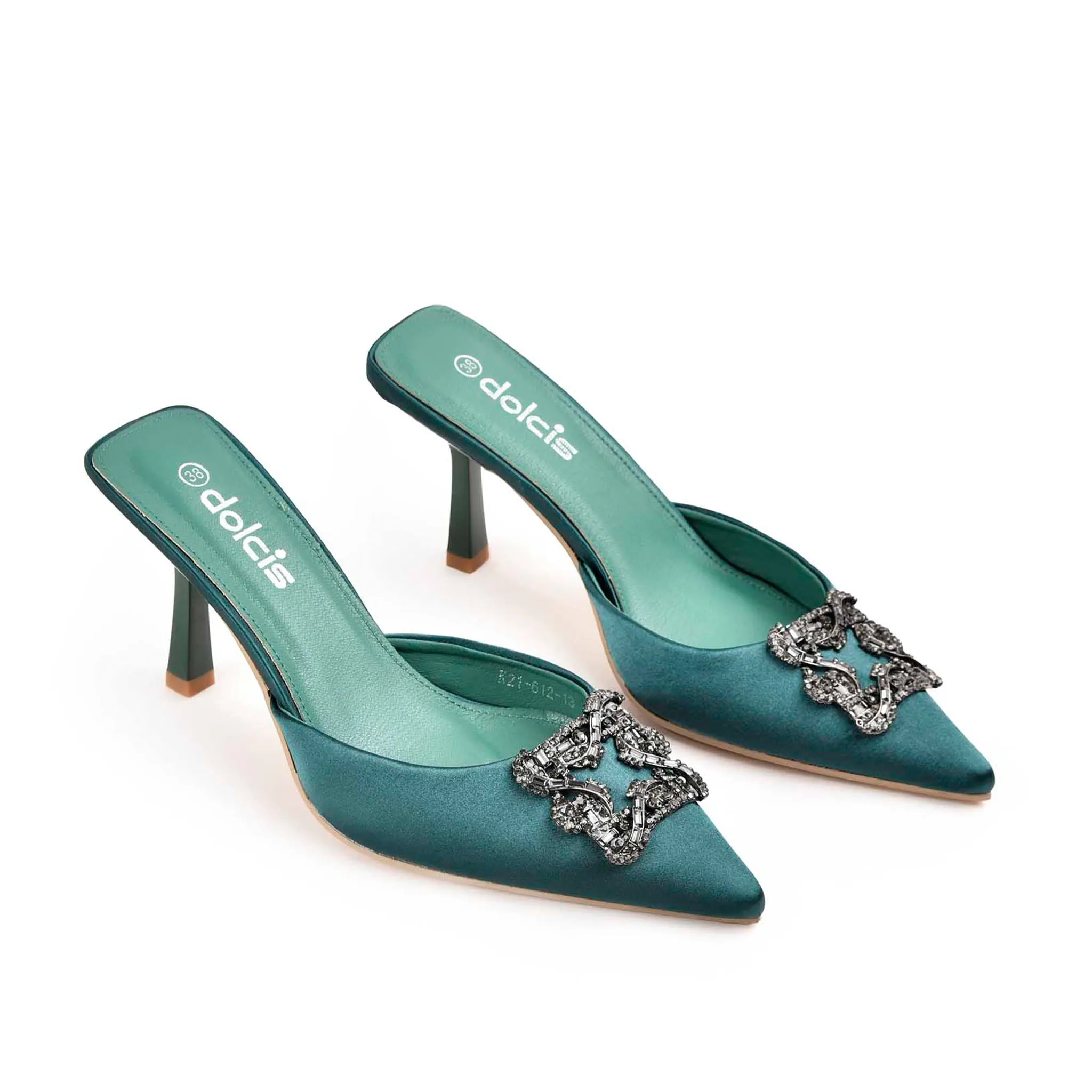 Elegant Teal Satin Mules with Crystal Embellishment | 466M-K