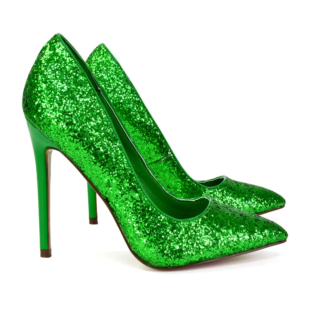 Emerald Pointed Toe Court Shoes Glitter Stiletto High Heels in Green