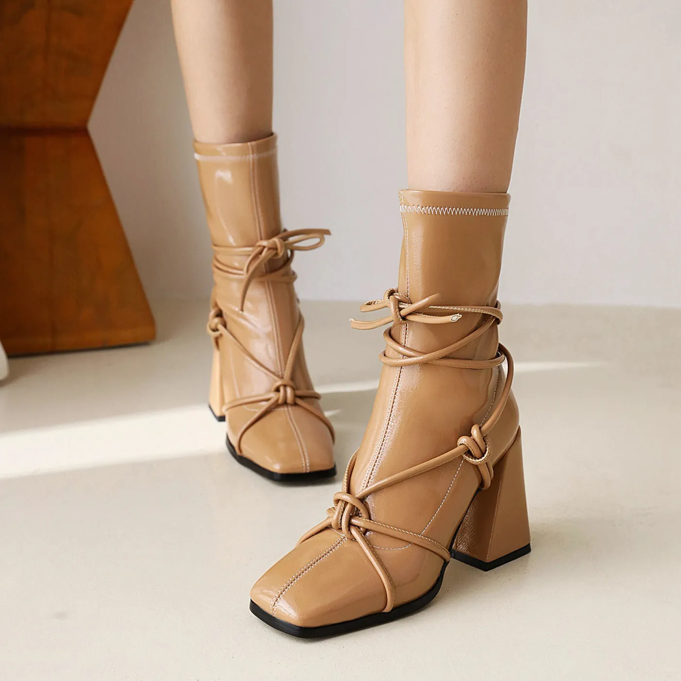 European And American Lace Up Thick High Heel Square Head Women's Ankle Boots G682