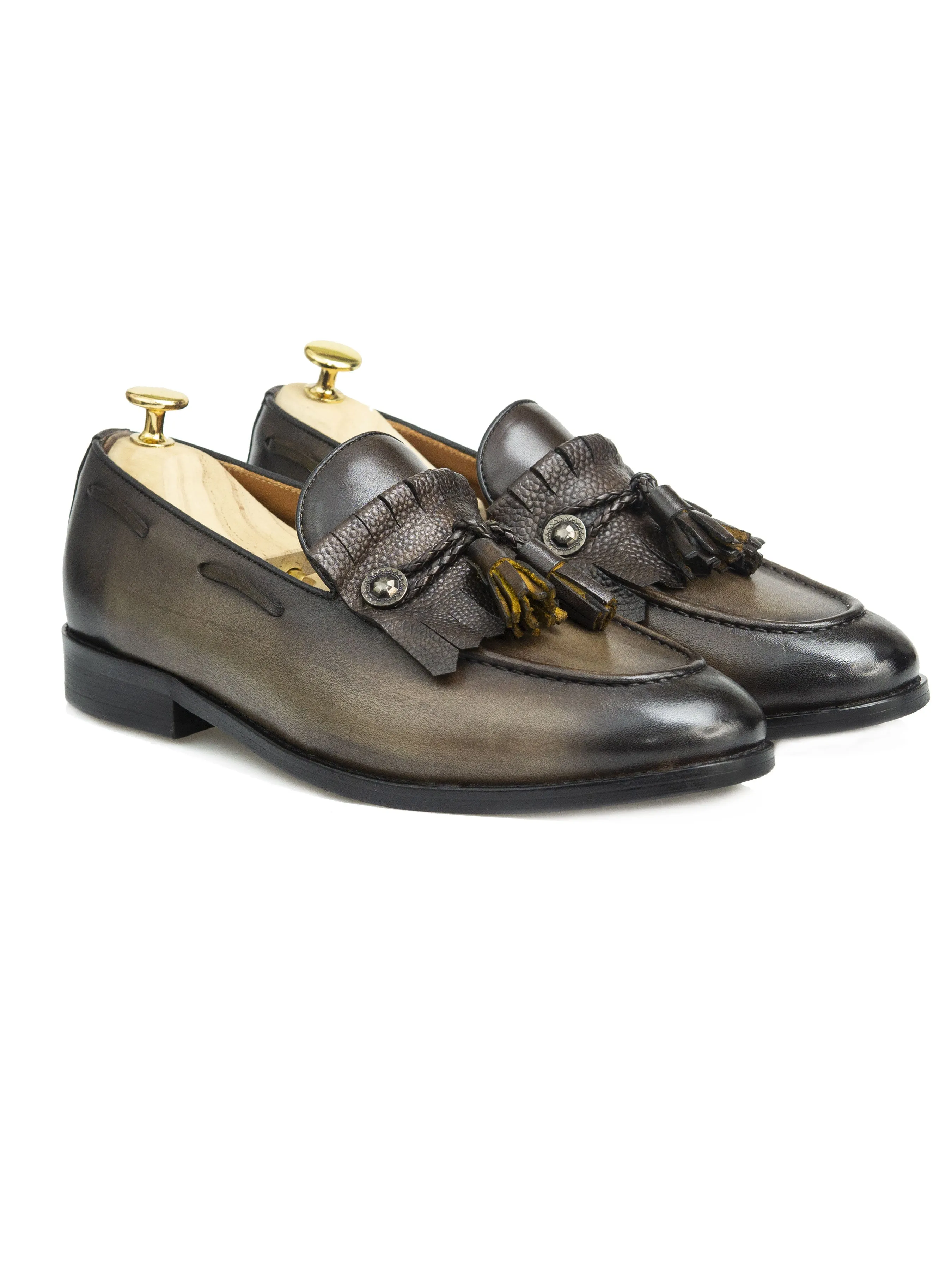 Fringe Ribbon Loafer - Khakis with Tassel (Hand Painted Patina)