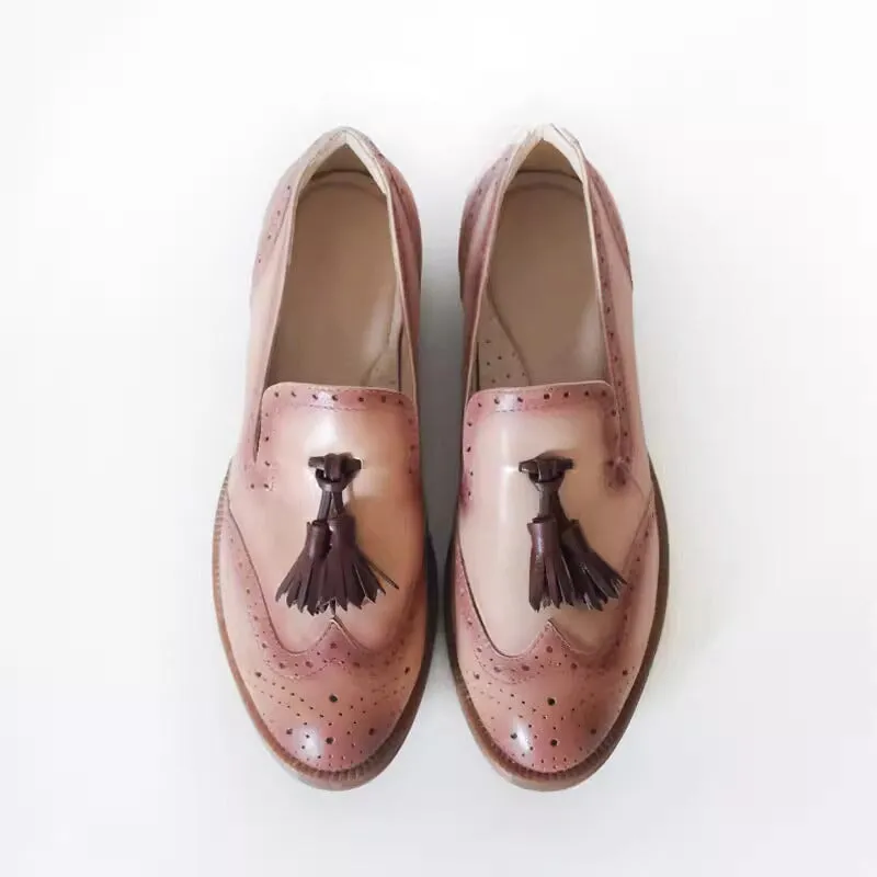 Full Grain Leather Tassel Brogue Loafers For Women W Toe In Black/Apricot