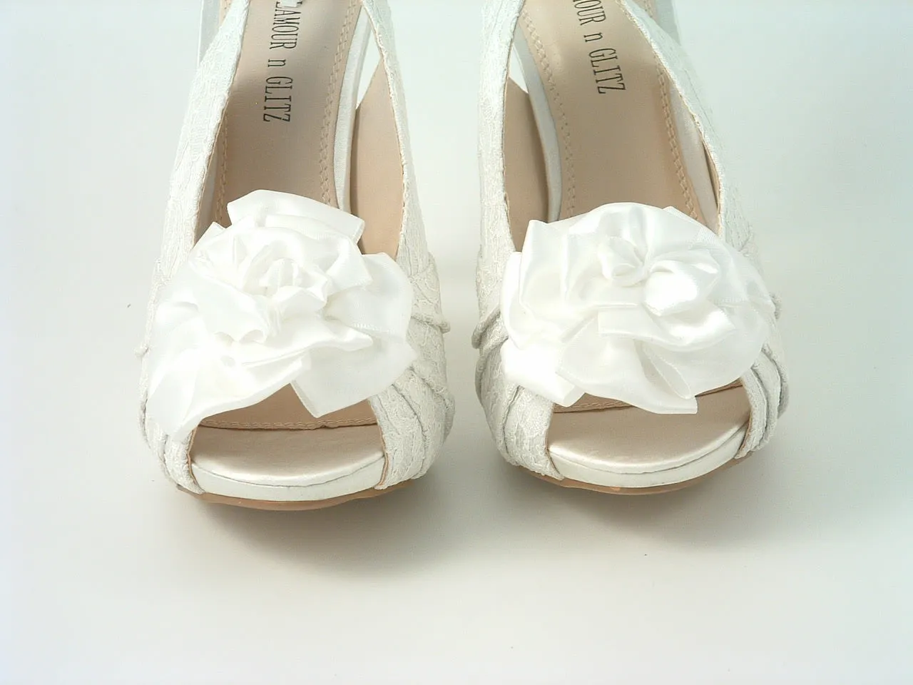 Glitz Shoes Kesha Ivory Lace Peep Toe Court Shoe