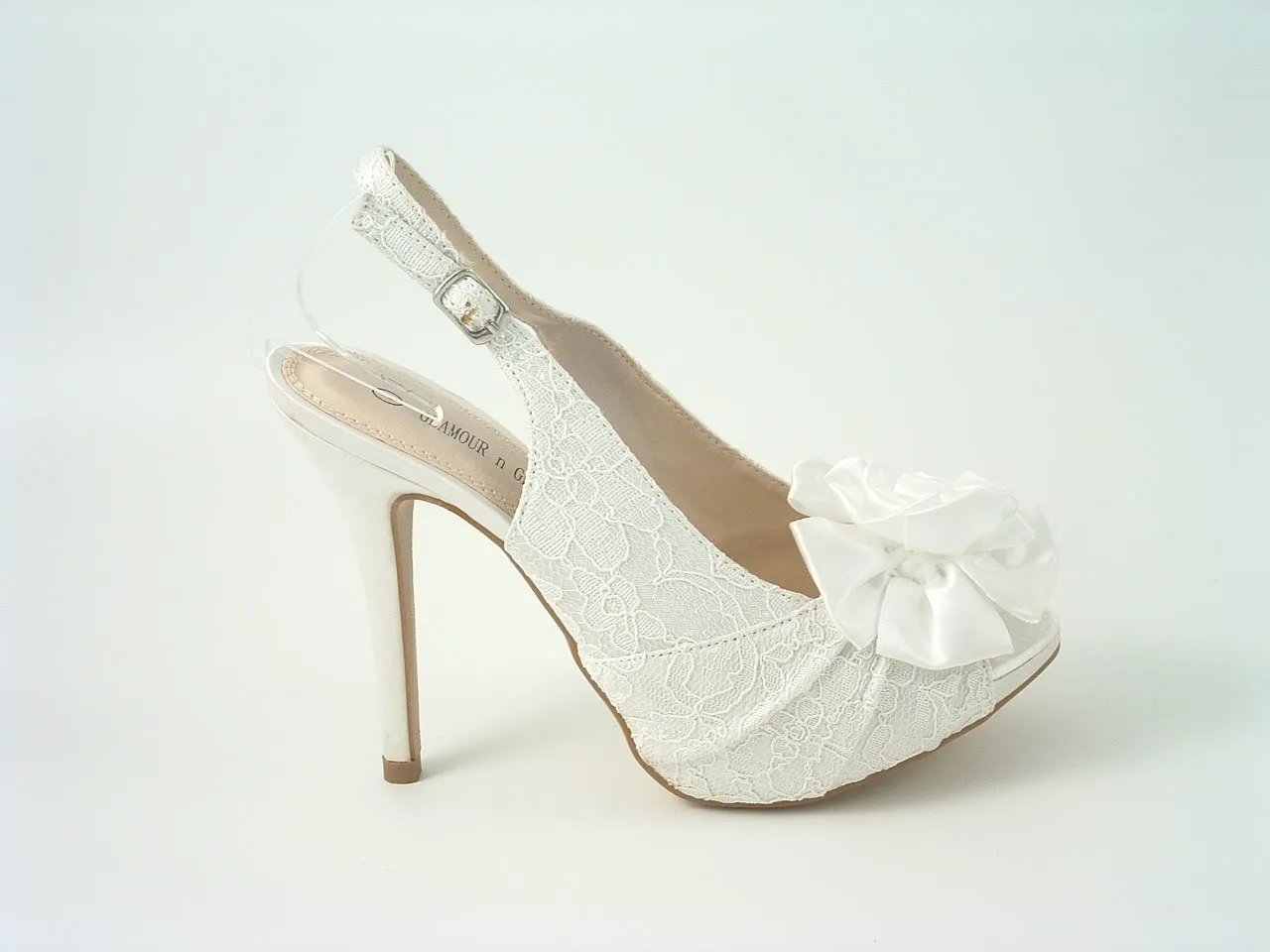 Glitz Shoes Kesha Ivory Lace Peep Toe Court Shoe