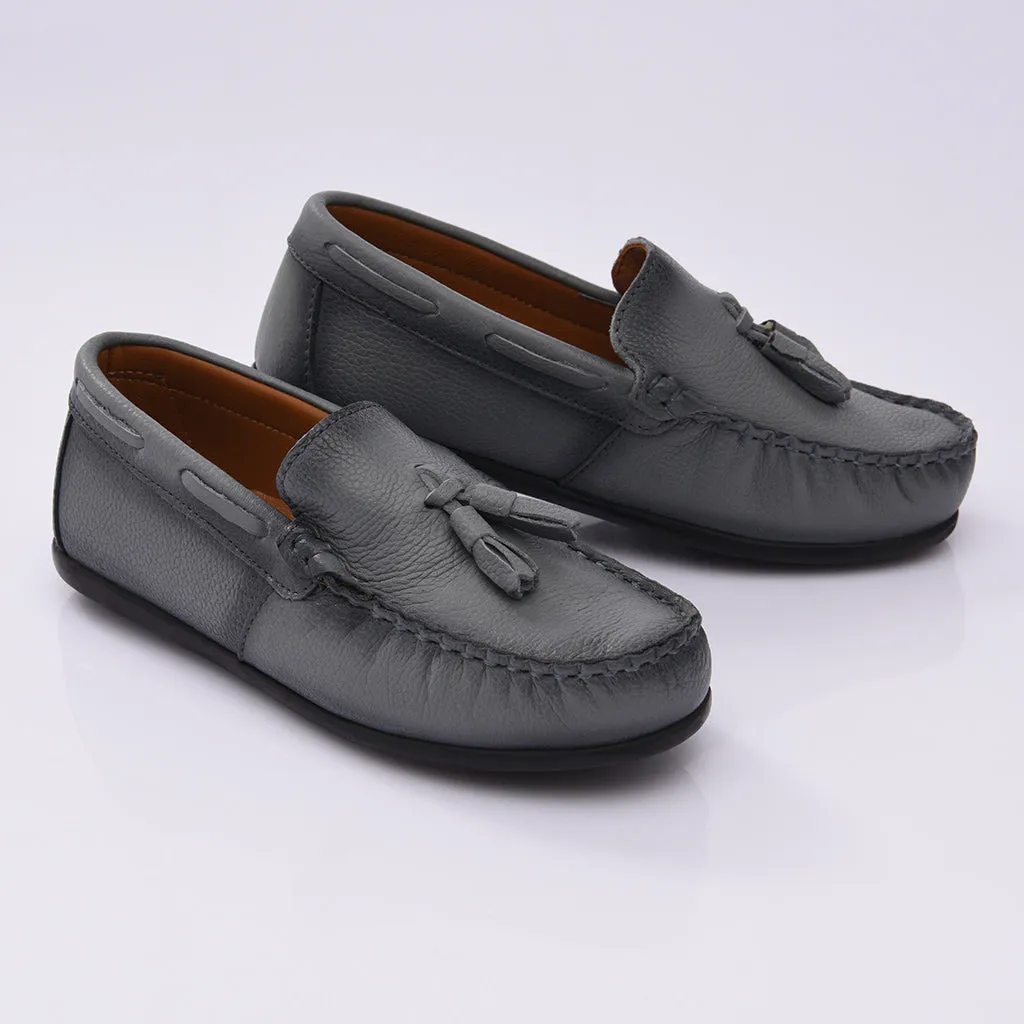 Gray Leather Tassel Loafers