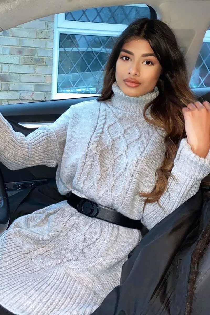 Grey Oversized Knitted Turtle Neck Jumper Dress - Freyah