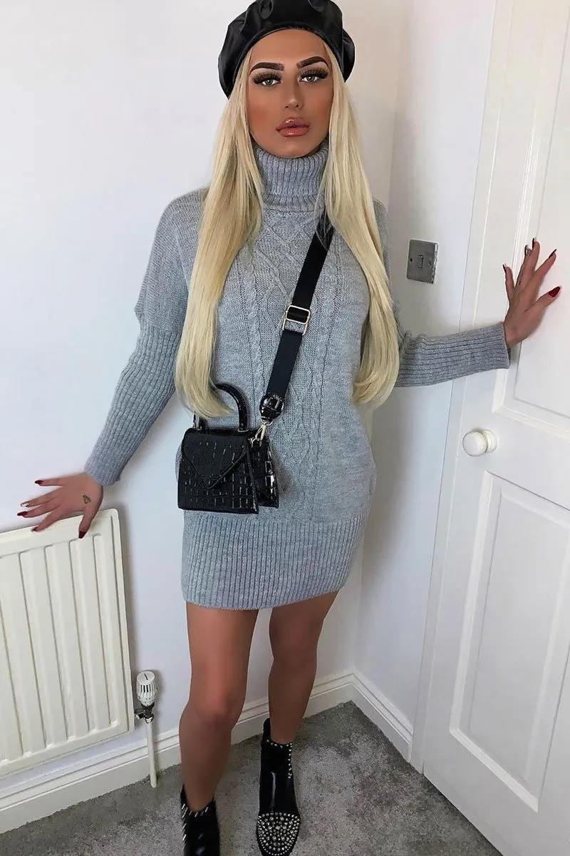 Grey Oversized Knitted Turtle Neck Jumper Dress - Freyah