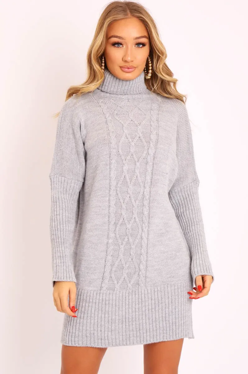 Grey Oversized Knitted Turtle Neck Jumper Dress - Freyah