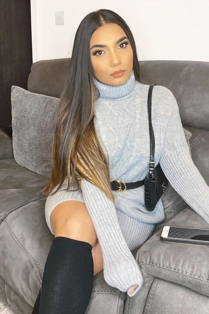 Grey Oversized Knitted Turtle Neck Jumper Dress - Freyah