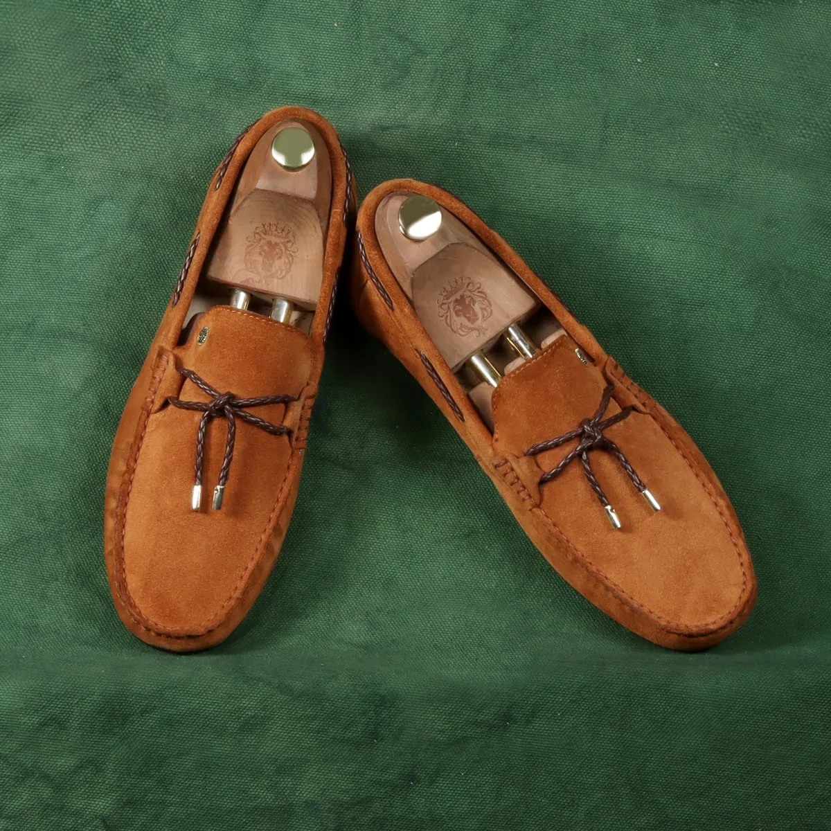 Hand Weaved Tassel Bow Loafers with Mini Lion Orangish Suede Leather