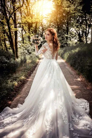 Ivory Tulle Illusion Neckline Long Sleeve Lace Appliqued Wedding Dress