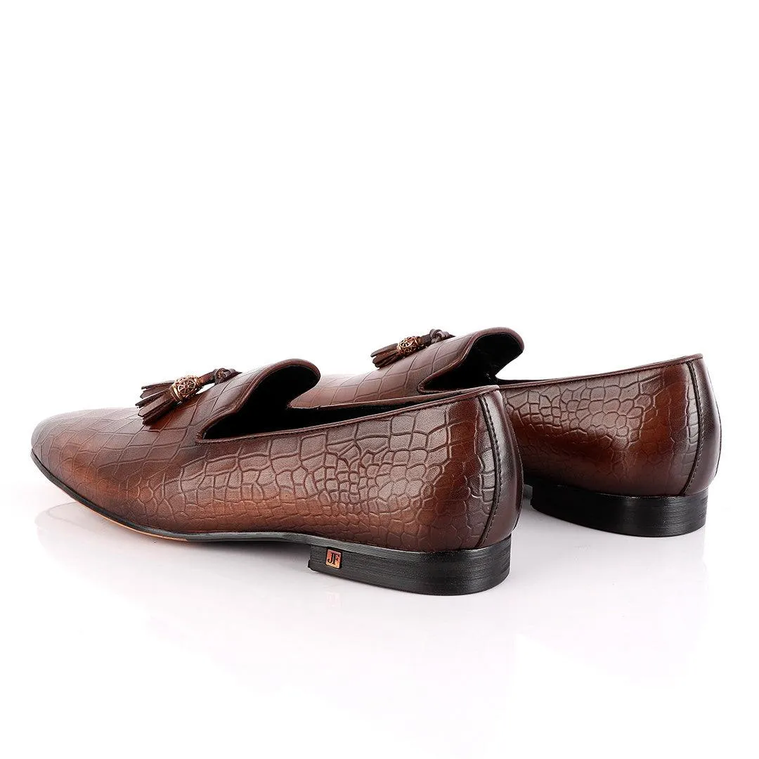 John Foster Brown Leather Croc Tassel Loafer