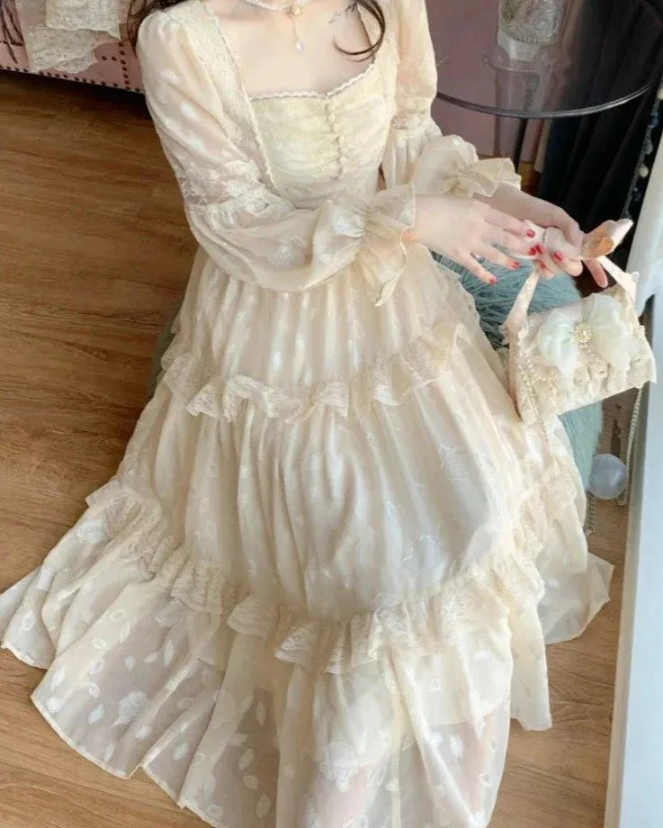 JOSKAA  Court Vintage Fairy Dress Women Sweet Ruffles High Waist Elegant Princess Dress Female 2024 Summer Casual Classy Party Dress New