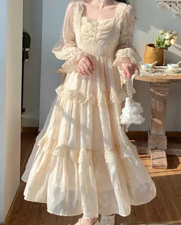 JOSKAA  Court Vintage Fairy Dress Women Sweet Ruffles High Waist Elegant Princess Dress Female 2024 Summer Casual Classy Party Dress New