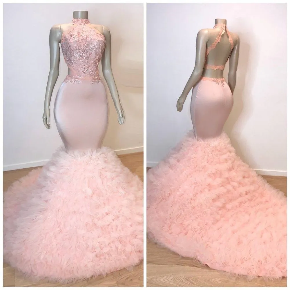 kamahe Pink Halter Sleeveless Mermaid Prom Dresses New Arrival Chic Open Back Lace Tulle Evening Gowns