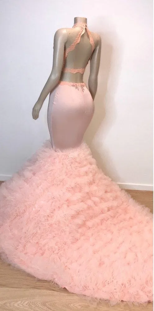 kamahe Pink Halter Sleeveless Mermaid Prom Dresses New Arrival Chic Open Back Lace Tulle Evening Gowns