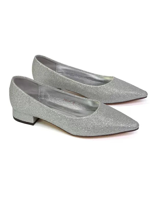 Karen Slip On Pointed Toe Wedding Shoes Low Heel Bridal Heels Court Shoes in Silver