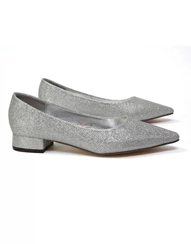 Karen Slip On Pointed Toe Wedding Shoes Low Heel Bridal Heels Court Shoes in Silver