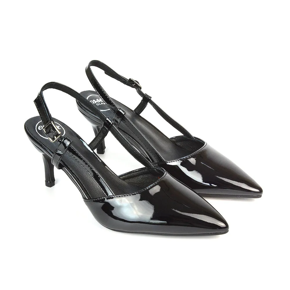 Karla Mid Heel Stilettos Pointed Toe Slingback Court Shoes in Black Patent