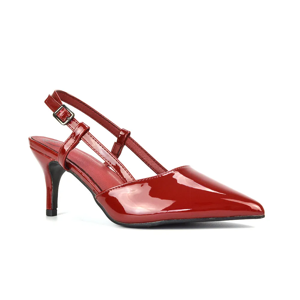 Karla Mid Heel Stilettos Pointed Toe Slingback Court Shoes in Cherry Red Patent