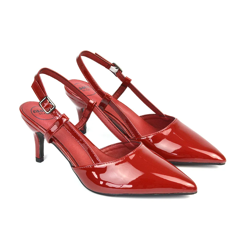 Karla Mid Heel Stilettos Pointed Toe Slingback Court Shoes in Cherry Red Patent