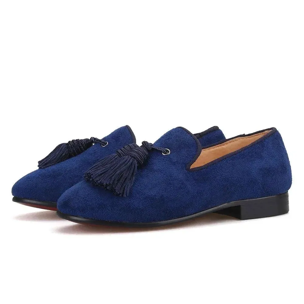 Kids Loafers Navy Suede Kids' Smoking Tassel Loafers for Parties and Birthdays with Red Bottoms