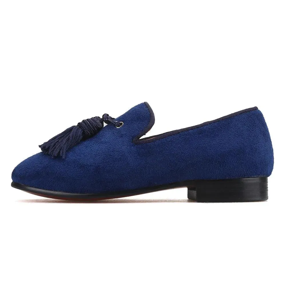 Kids Loafers Navy Suede Kids' Smoking Tassel Loafers for Parties and Birthdays with Red Bottoms