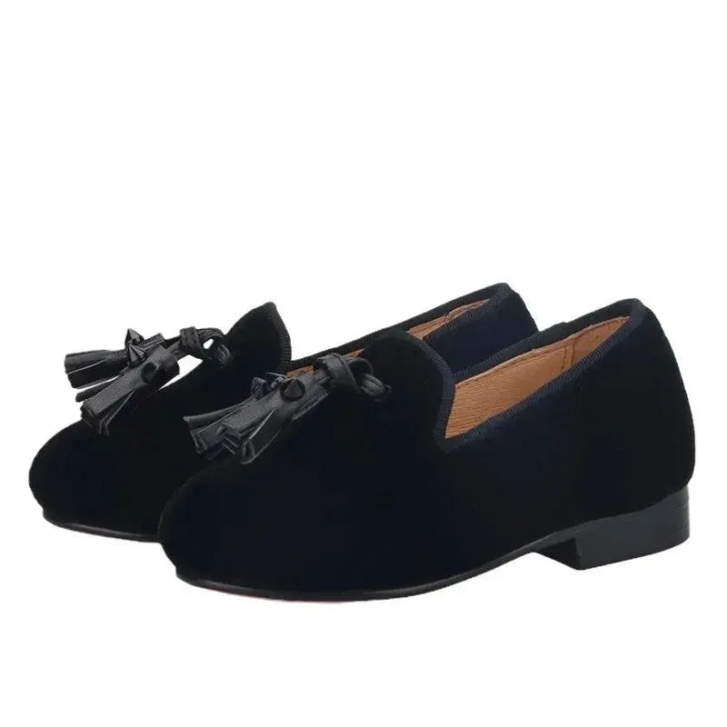 Kids Loafers Velvet Sophistication: Black Velvet Children's Spiked Loafer Shoes with Tassel