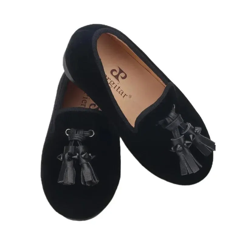 Kids Loafers Velvet Sophistication: Black Velvet Children's Spiked Loafer Shoes with Tassel