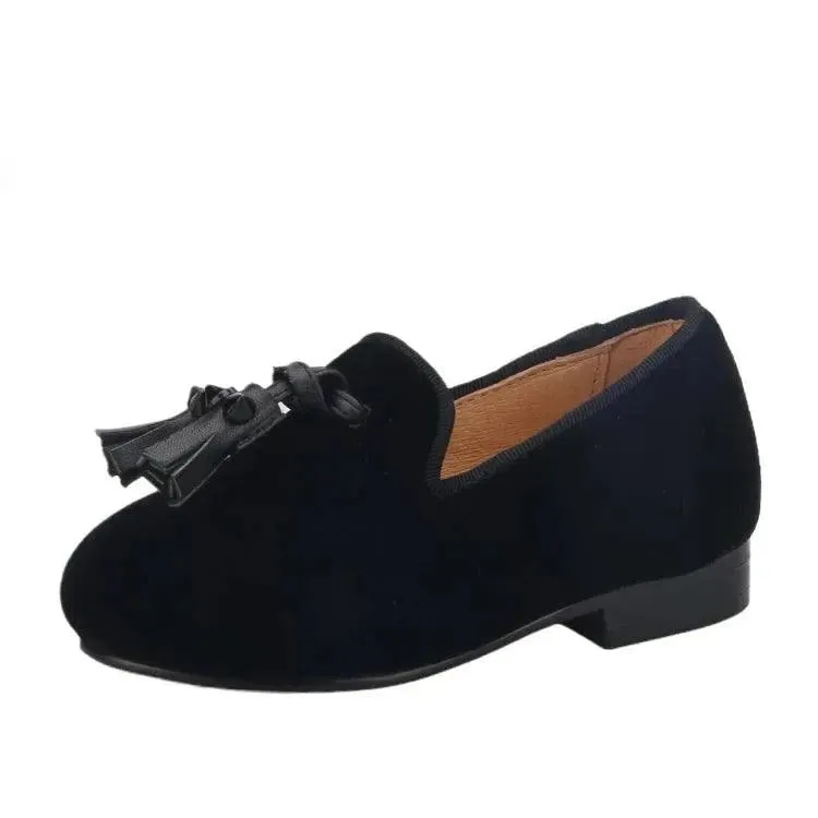 Kids Loafers Velvet Sophistication: Black Velvet Children's Spiked Loafer Shoes with Tassel