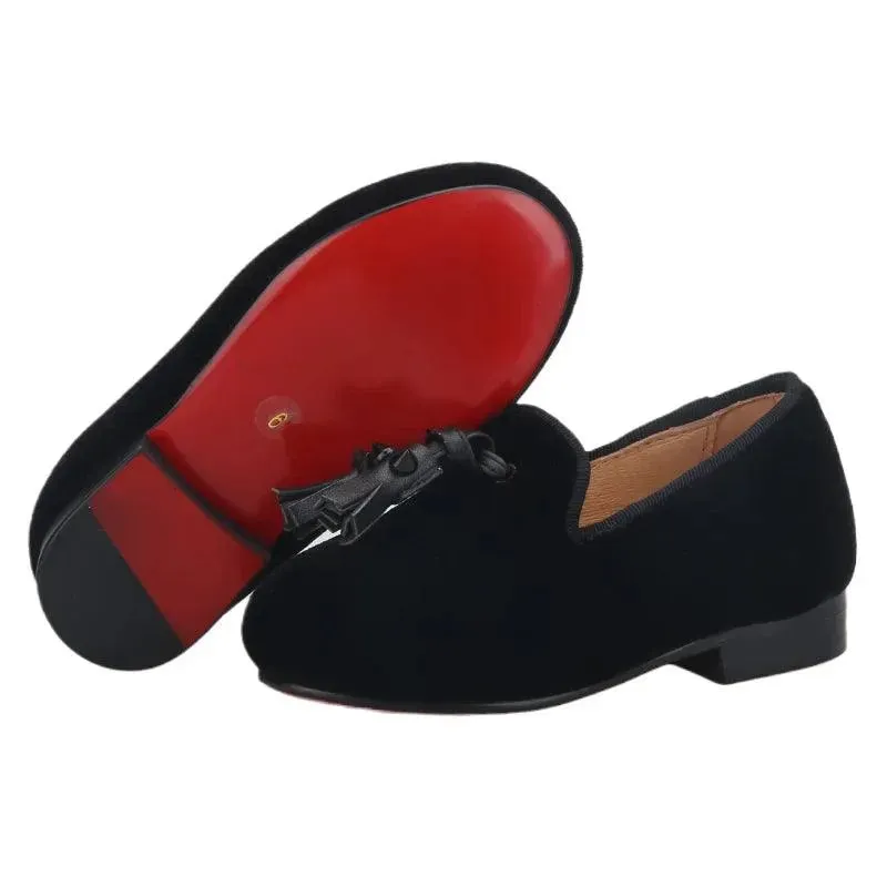 Kids Loafers Velvet Sophistication: Black Velvet Children's Spiked Loafer Shoes with Tassel