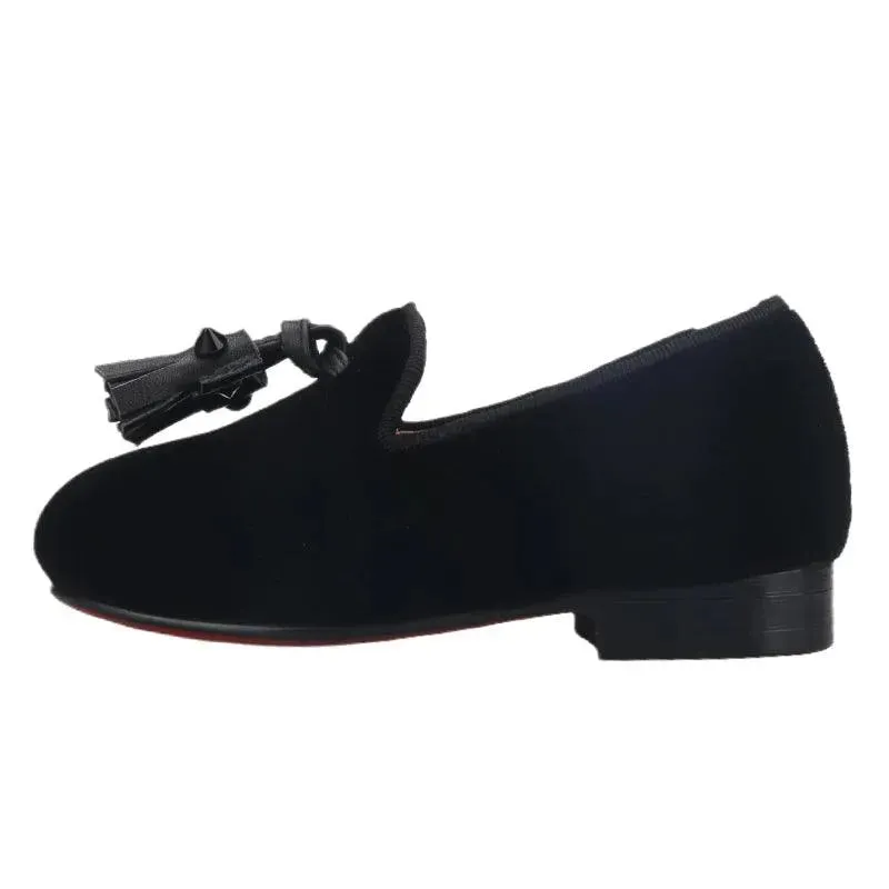 Kids Loafers Velvet Sophistication: Black Velvet Children's Spiked Loafer Shoes with Tassel