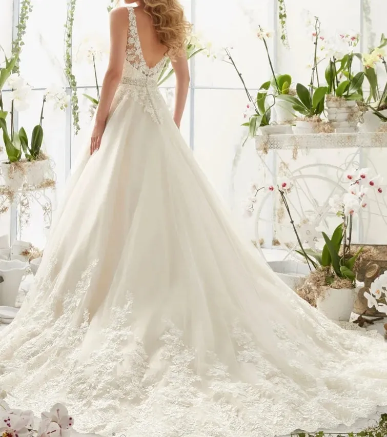 Lace V Neck wedding dress. A Line Bridal gown