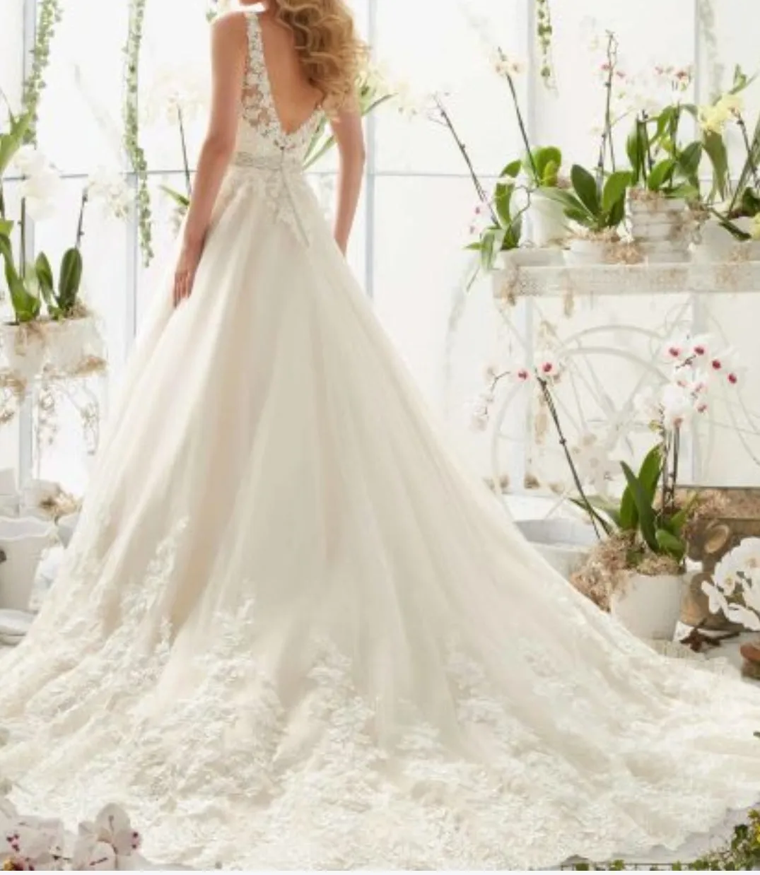 Lace V Neck wedding dress. A Line Bridal gown