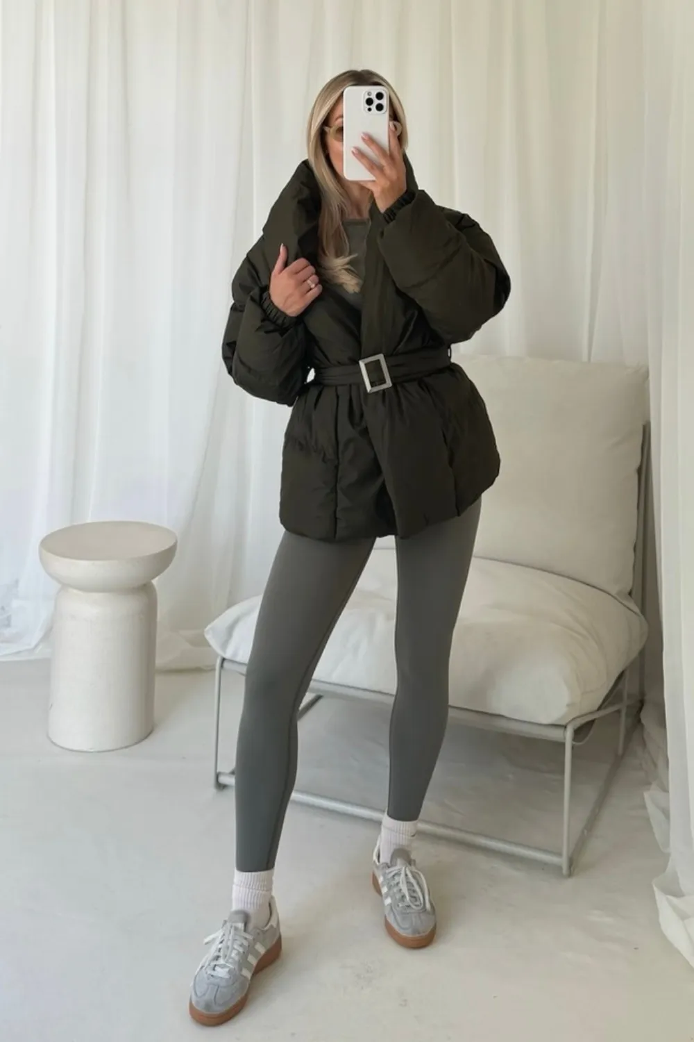 lauren khaki short belted puffer coat