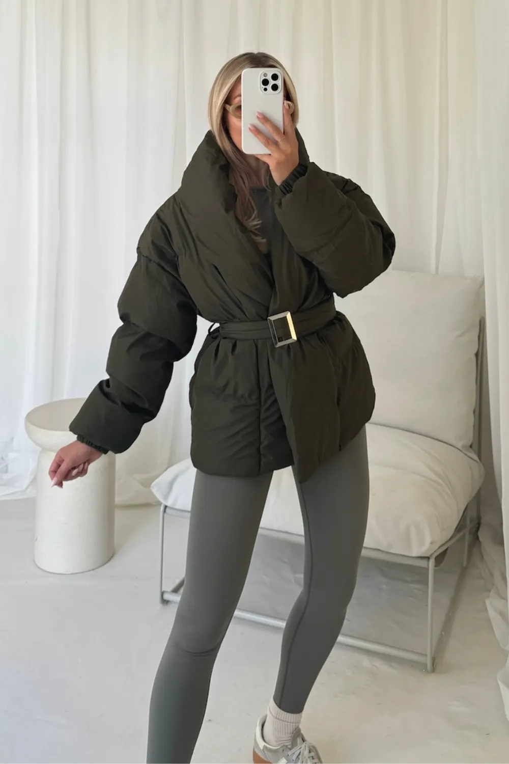 lauren khaki short belted puffer coat