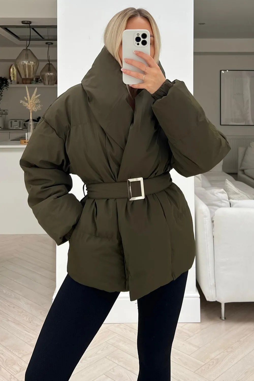 lauren khaki short belted puffer coat