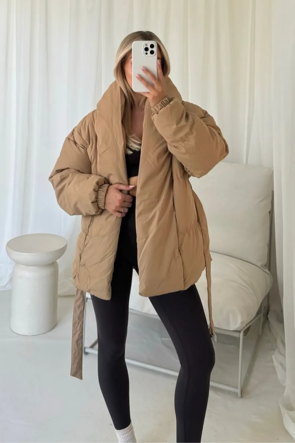 lauren taupe short belted puffer coat