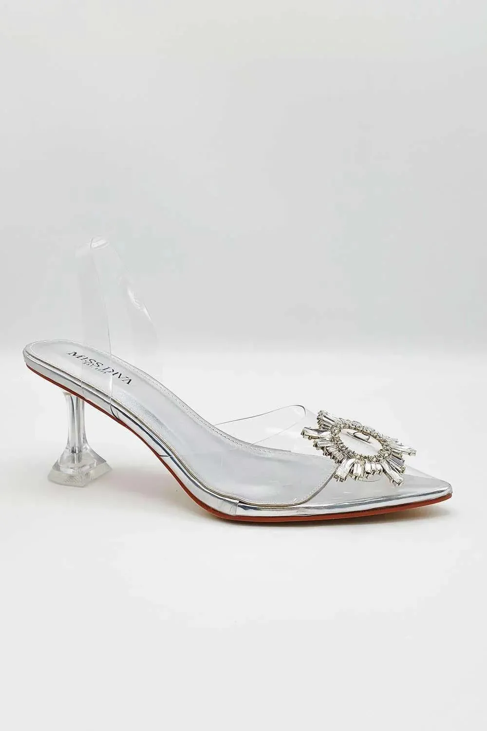 Leyra Diamante Brooch Slingback Perspex Court Shoes in Silver