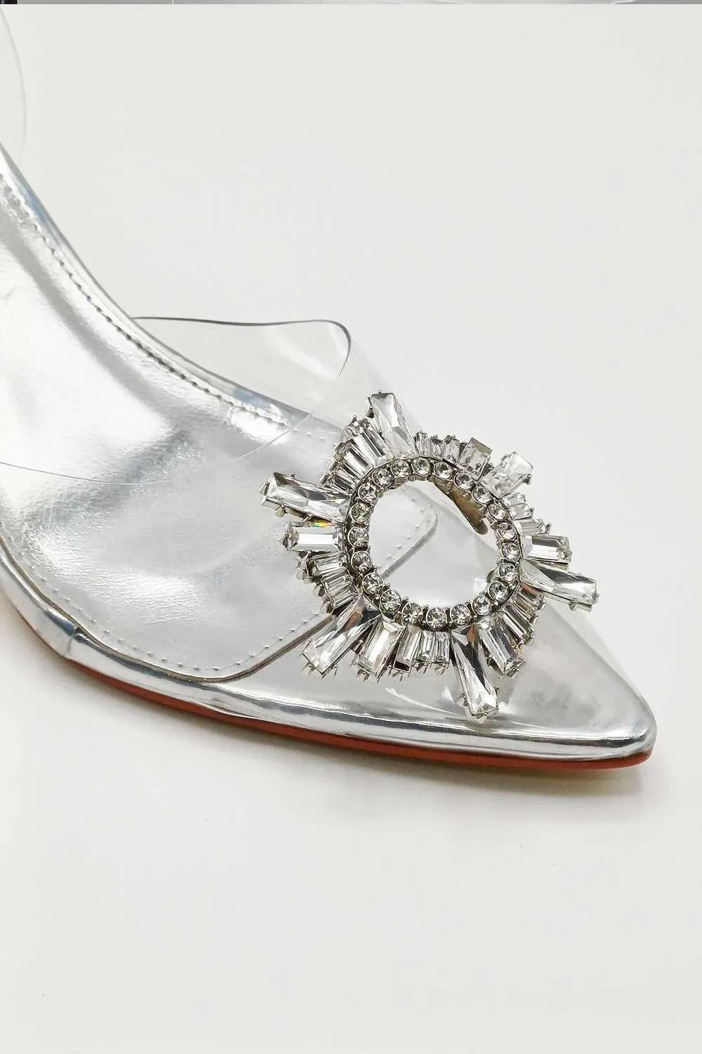 Leyra Diamante Brooch Slingback Perspex Court Shoes in Silver