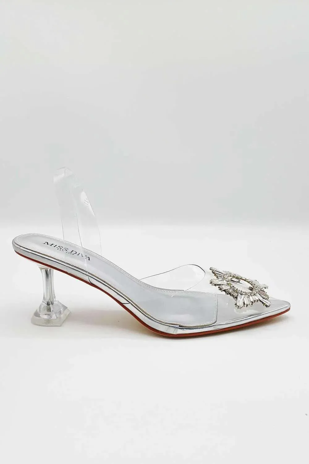 Leyra Diamante Brooch Slingback Perspex Court Shoes in Silver